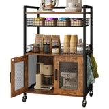 Hencawima Coffee Bar Cabinet, 3 Tier Coffee Station Table on Wheels, 35.9" H Bar Cart with Wire Basket Drawer & 5 Hooks for Home Kitchen, Liquor Buffet Sideboard Cabinet (Rustic Brown) Hencawima