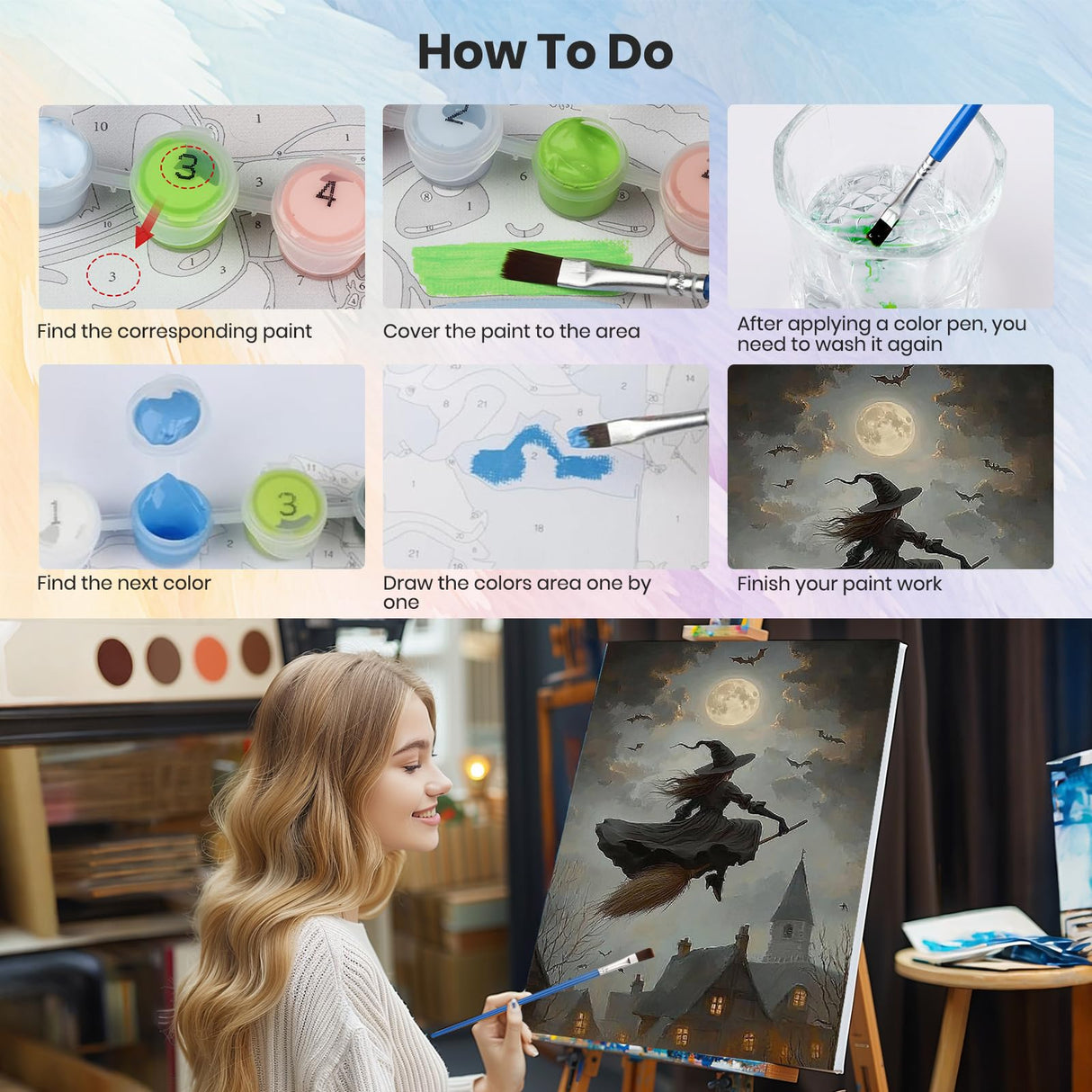 HEIBAGO Halloween Witch Framed Paint by Numbers Kit for Adults, Town Paint by Numbers for Adults Beginner, Adult Paint by Number Kits on Canvas, painting by numbers for gift home wall decor 12*16 inch HEIBAGO