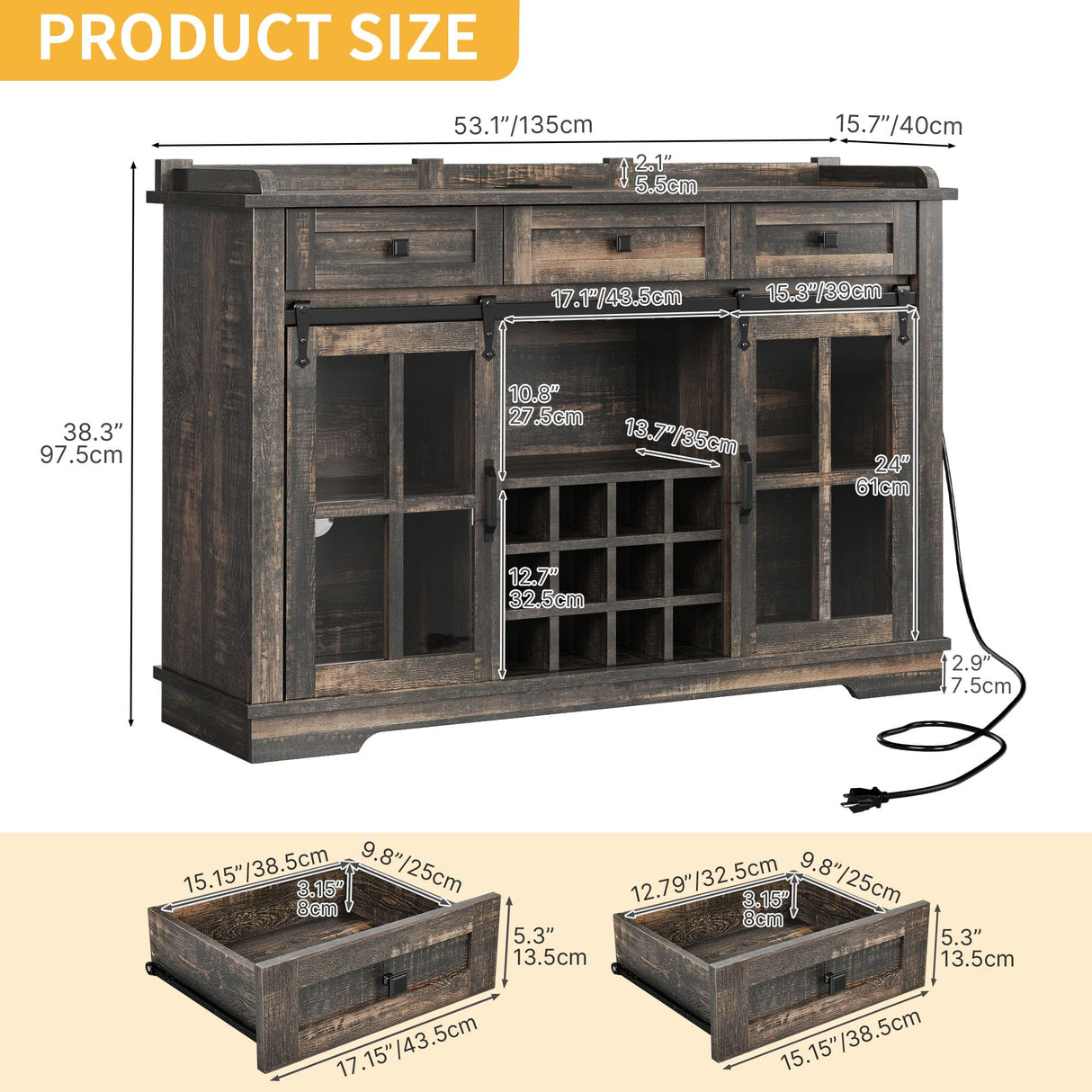 YITAHOME 53" Wine Bar Cabinet for Liquor and Glasses, Farmhouse Kitchen Sideboard Buffet Coffee Bar Cabinets with 3 Drawers and Glass Sliding Barn Door for Kitchen & Living Room, Dark Rustic Oak YITAHOME