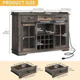 YITAHOME 53" Wine Bar Cabinet for Liquor and Glasses, Farmhouse Kitchen Sideboard Buffet Coffee Bar Cabinets with 3 Drawers and Glass Sliding Barn Door for Kitchen & Living Room, Dark Rustic Oak YITAHOME