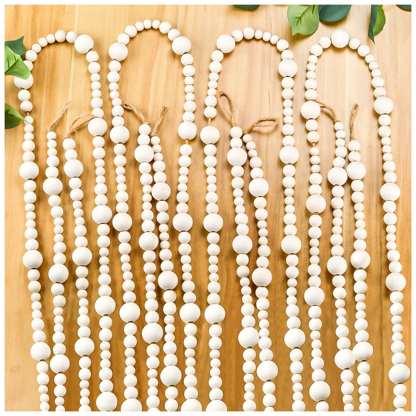 4PCS Wood Beads Garland Christmas, 28.8Feet Wooden Bead Garland for Christmas Tree Decoration, Round Wooden Beads Farmhouse Boho Ornaments for Wall Hanging Home Decor