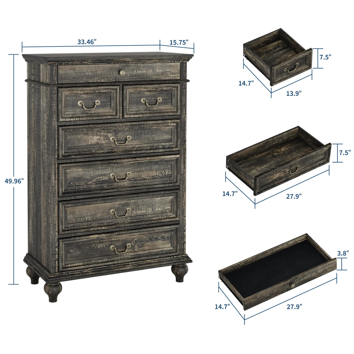 IDEALHOUSE Farmhouse Tall Dresser for Bedroom with 7 Drawers, 50" Tall Large Wood Chest of Drawers with Jewelry Storage for Bedroom, Living Room, Hallway, Dark Oak IDEALHOUSE