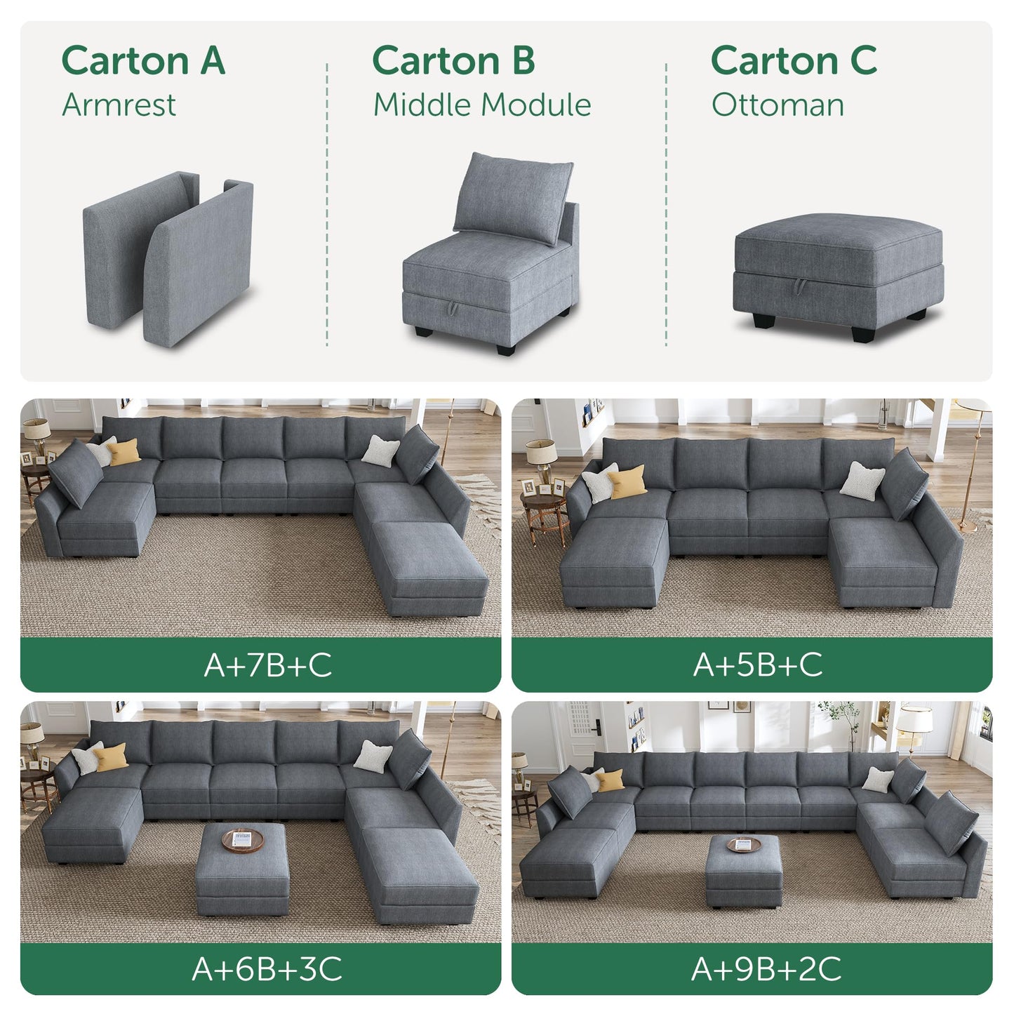 HONBAY Modular Sectional Sofa with Storage Reversible Sectional Modular Sofa Couch with Ottomans U Shaped Sectional Couch for Living Room, Bluish Grey