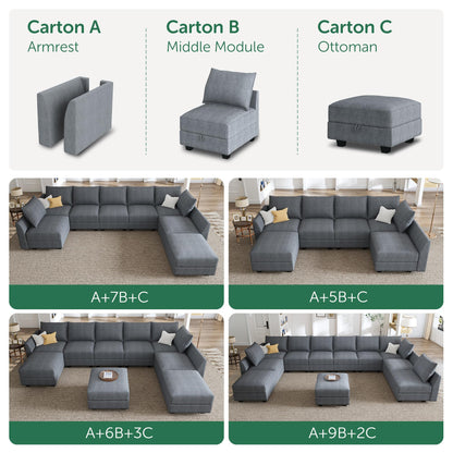 HONBAY Modular Sectional Sofa with Storage Reversible Sectional Modular Sofa Couch with Ottomans U Shaped Sectional Couch for Living Room, Bluish Grey