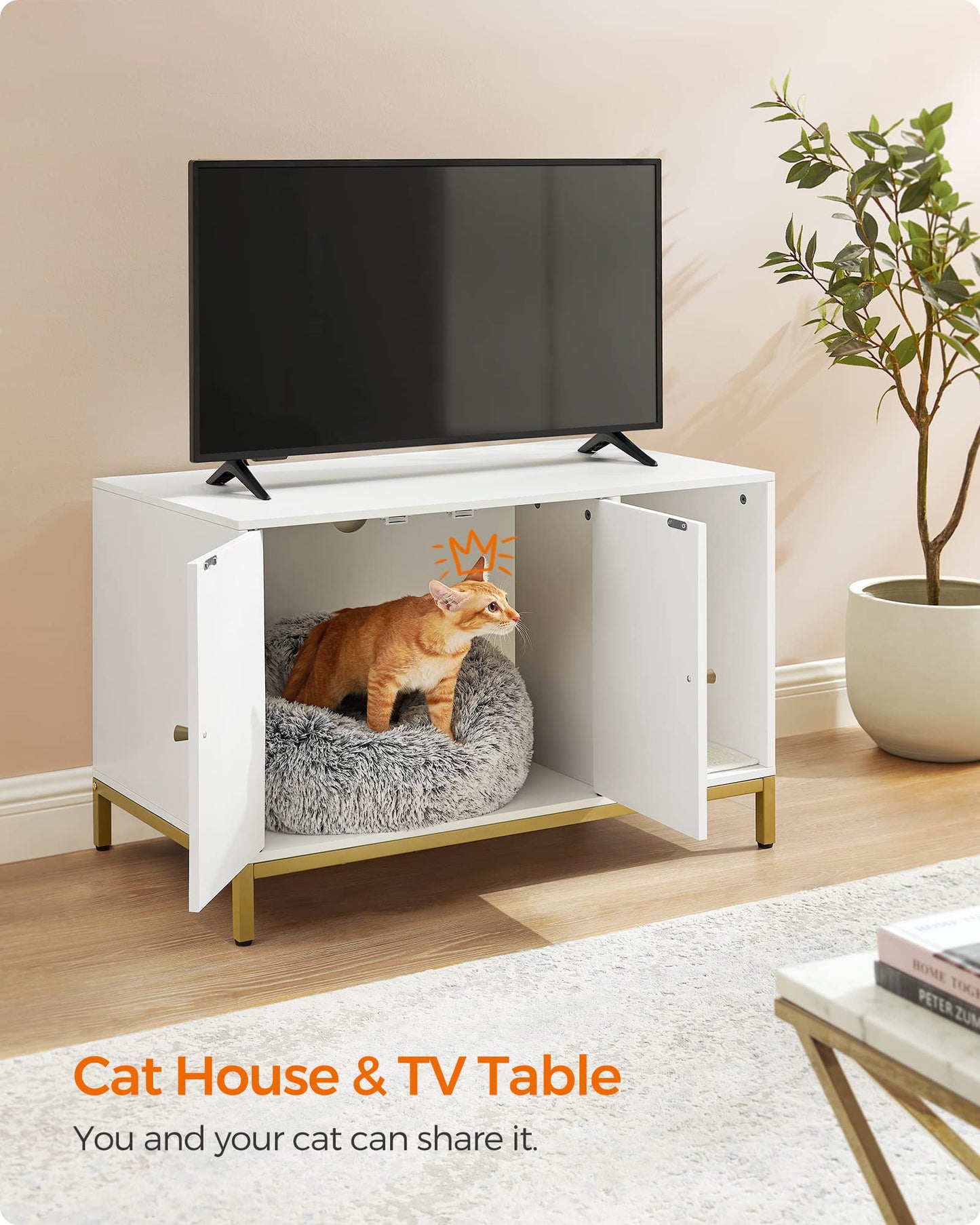 Feandrea Litter Box Enclosure, Modern Cat Litter Box Furniture Hidden, with Scratching Mat, Tall Legs, Cat House, Side End Table, 31.5 x 19.7 x 21.7 Inches, White and Gold UPCL007W01 - WoodArtSupply