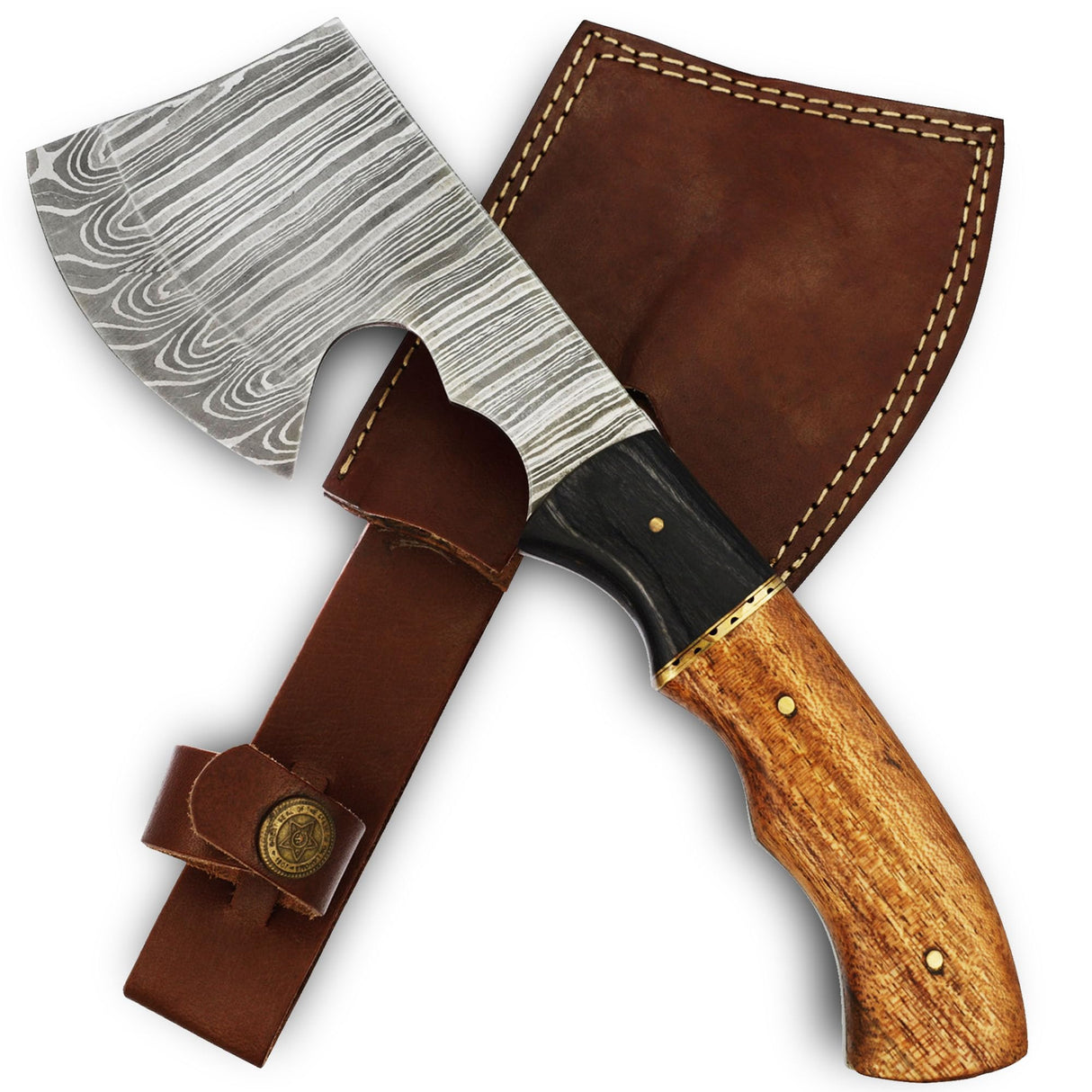 Armory Replicas™ Velocity in Target Throwing Axe - Full Tang Tomahawk with Damascus Steel Blade, Cherry & Ash Wood Handle, 9.5 Inches Overall Length, Includes Genuine Leather Sheath Armory Replicas