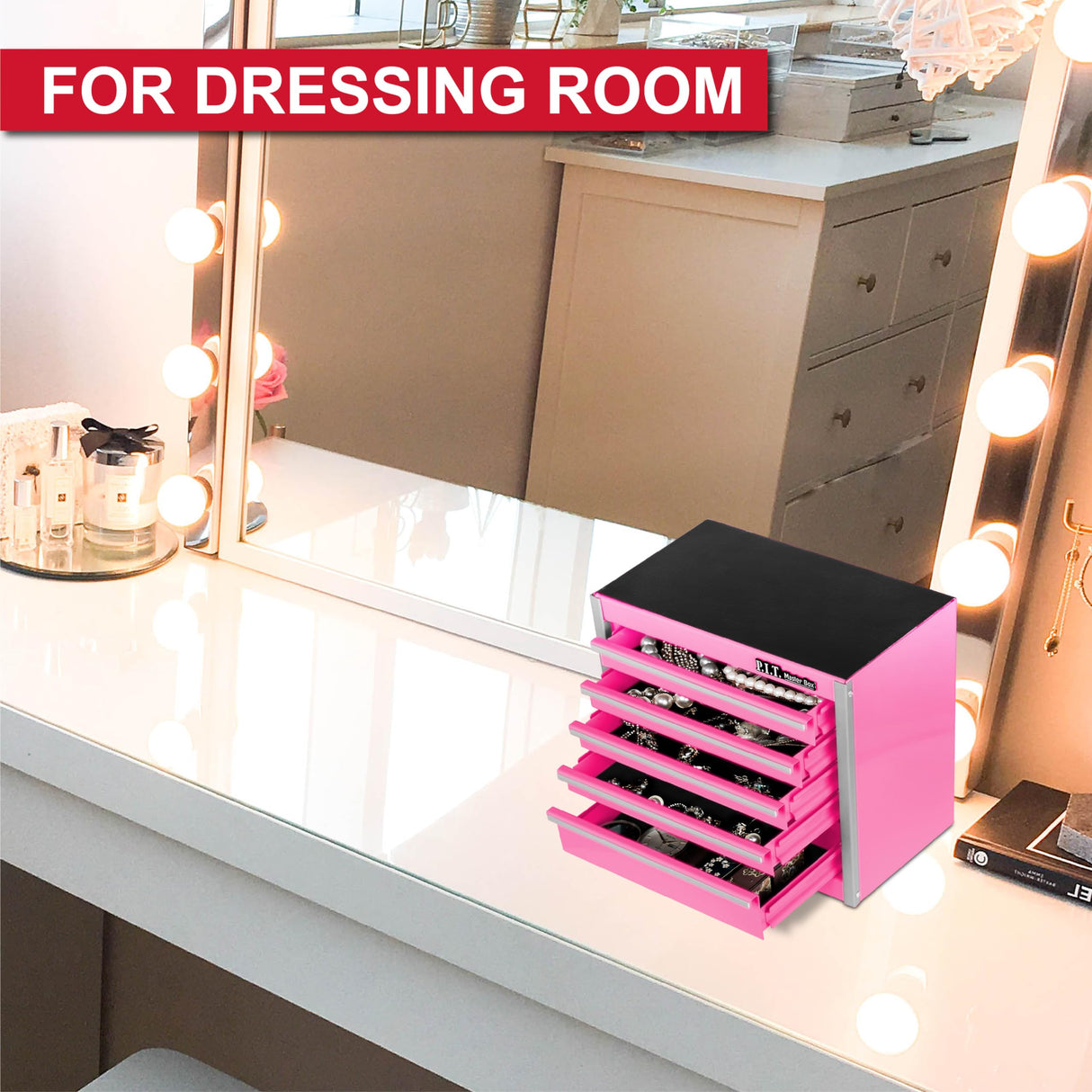 P.I.T. Mini Pink Tool Box, Portable 5-Drawer Micro Roll Cab Steel Tool Box with Liner, Pink Small Tool Case for Tools Storage, Home DIY P.I.T.