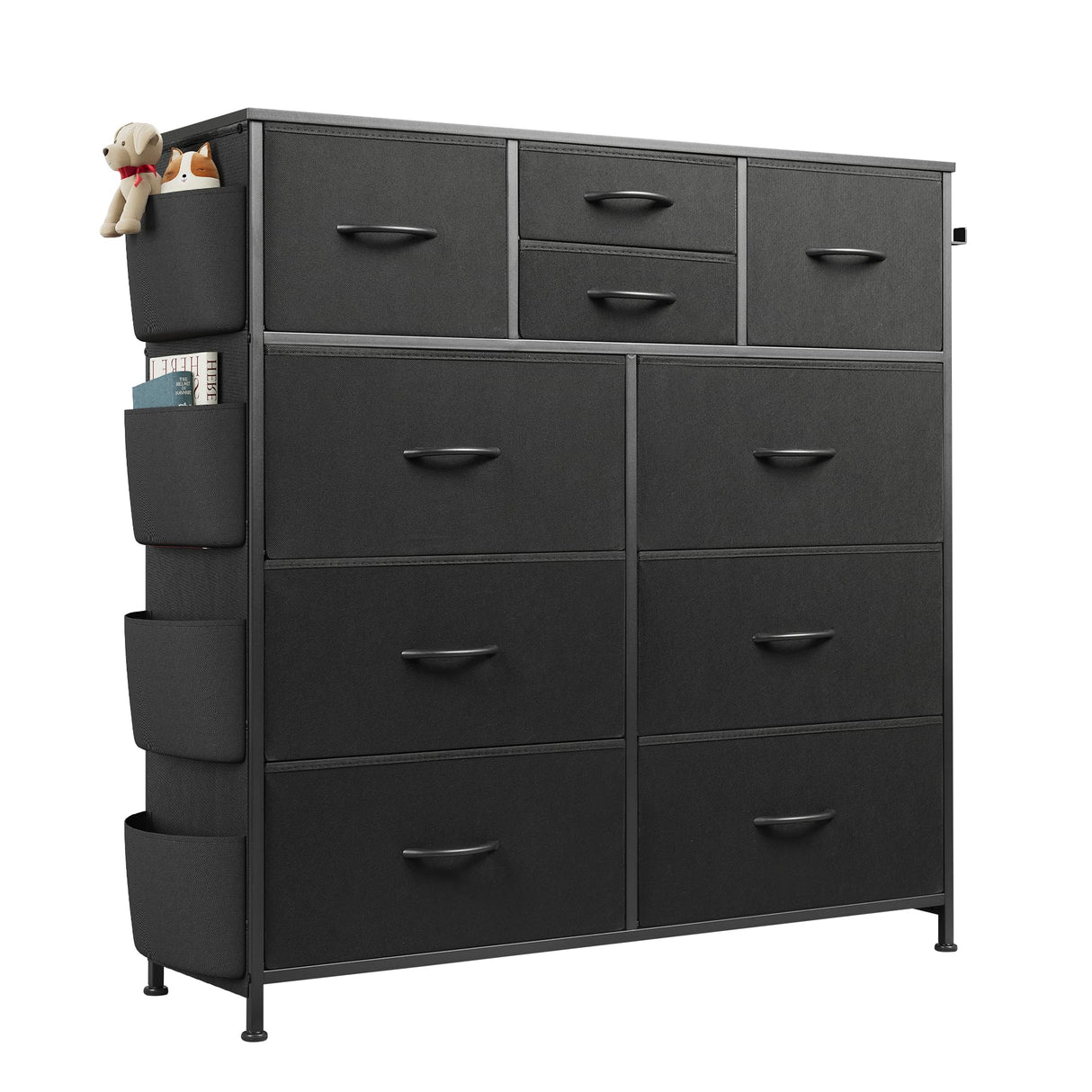 WLIVE Dresser for Bedroom with 10 Drawers, Fabric Dresser Chest of Drawers with Side Pockets and Hooks, Sturdy Metal Frame, Drawers Organizer Unit for Living Room, Hallway, Black WLIVE