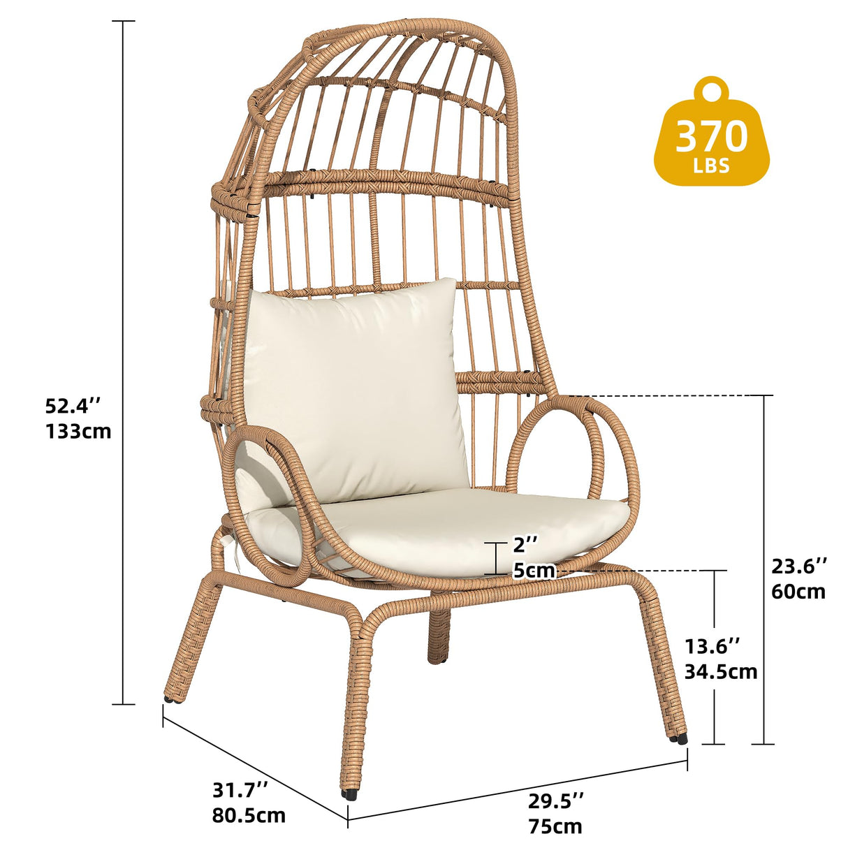 DWVO Narrow Egg Chair Wicker, Patio Rattan Basket Chair with 370lbs Capacity Outdoor Indoor Egg Chairs with Stand & Cushion Cocoon Chair for Bedroom, Patio, Balcony, Beige DWVO