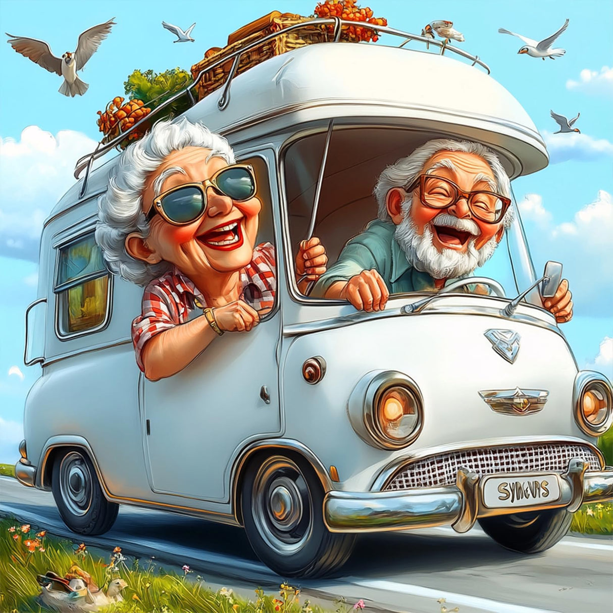 MAXBYE Cartoon Happy Couple Diamonds Painting Kit for Adults, Touring Car 5D Diamond Art Kit, Cartoon Gem Art Kit for Home Wall Decor Present, 12x12in MAXBYE