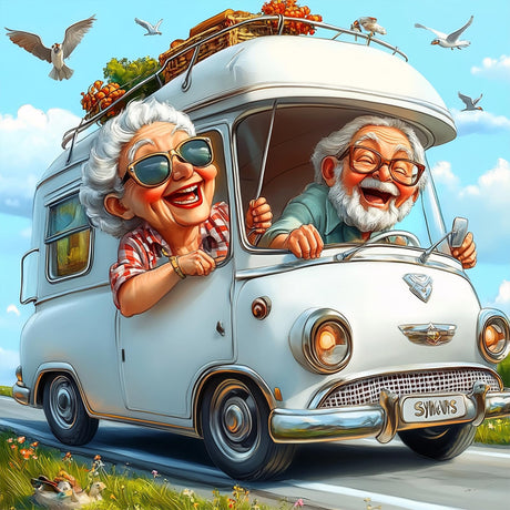 MAXBYE Cartoon Happy Couple Diamonds Painting Kit for Adults, Touring Car 5D Diamond Art Kit, Cartoon Gem Art Kit for Home Wall Decor Present, 12x12in MAXBYE