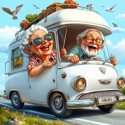 MAXBYE Cartoon Happy Couple Diamonds Painting Kit for Adults, Touring Car 5D Diamond Art Kit, Cartoon Gem Art Kit for Home Wall Decor Present, 12x12in