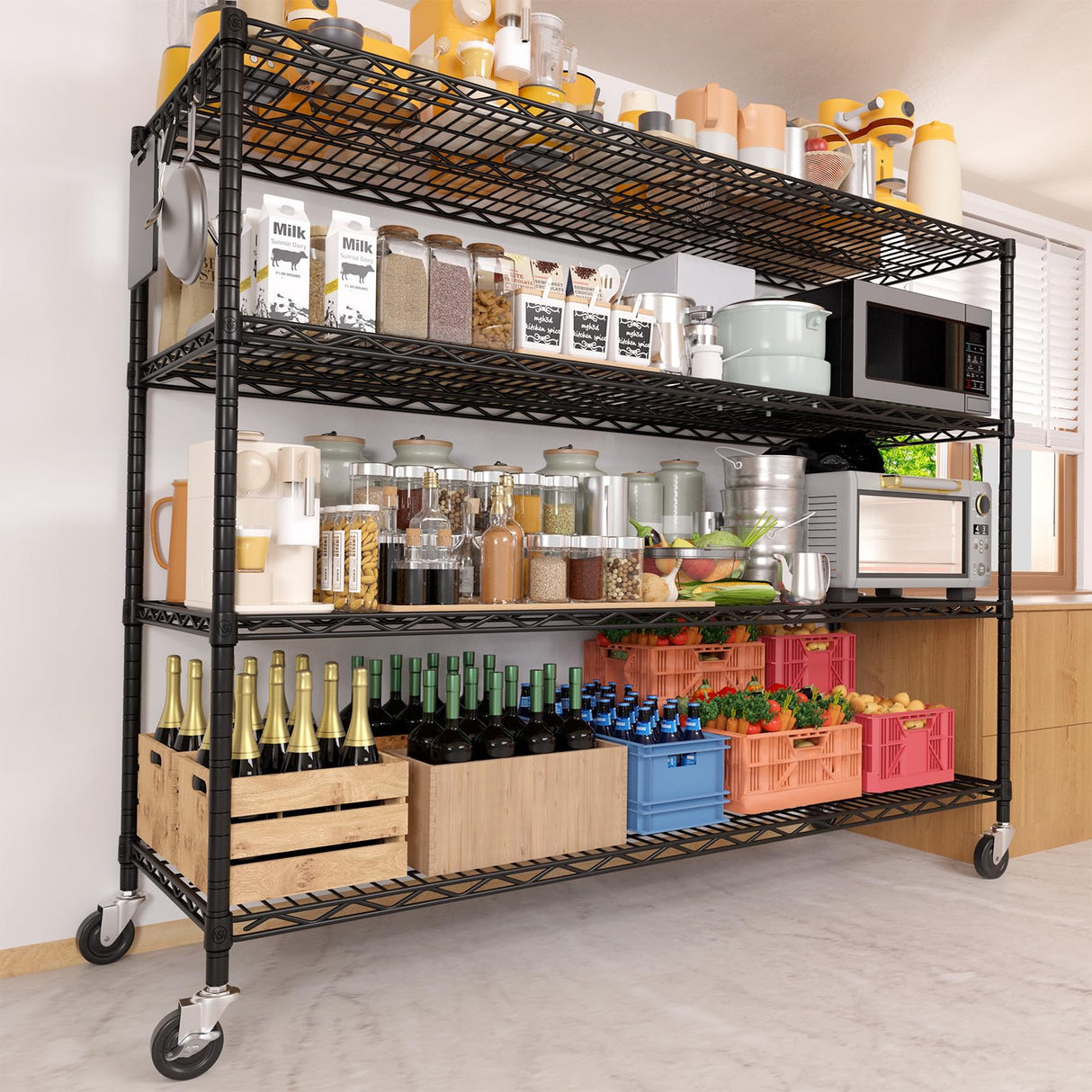 PrimeZone 55.5" W x 24" D x 80" H Heavy Duty Wire Storage Shelves with Wheels, 4 Tier Adjustable NSF Certified Garage Shelving Unit, Rolling Metal Organizer Shelf Rack for Warehouse, Pantry, Black PrimeZone