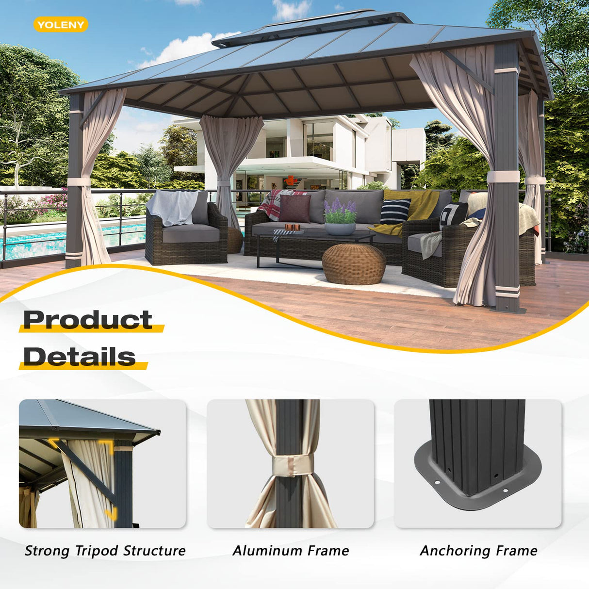 YOLENY 12' x 16' Hardtop Gazebo, Permanent Outdoor Aluminum Patio Gazebo with Aluminum Composite Double Roof for Patio Lawn and Garden, Curtains and Netting Included YOLENY