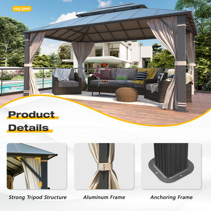 YOLENY 12' x 16' Hardtop Gazebo, Permanent Outdoor Aluminum Patio Gazebo with Aluminum Composite Double Roof for Patio Lawn and Garden, Curtains and Netting Included - WoodArtSupply