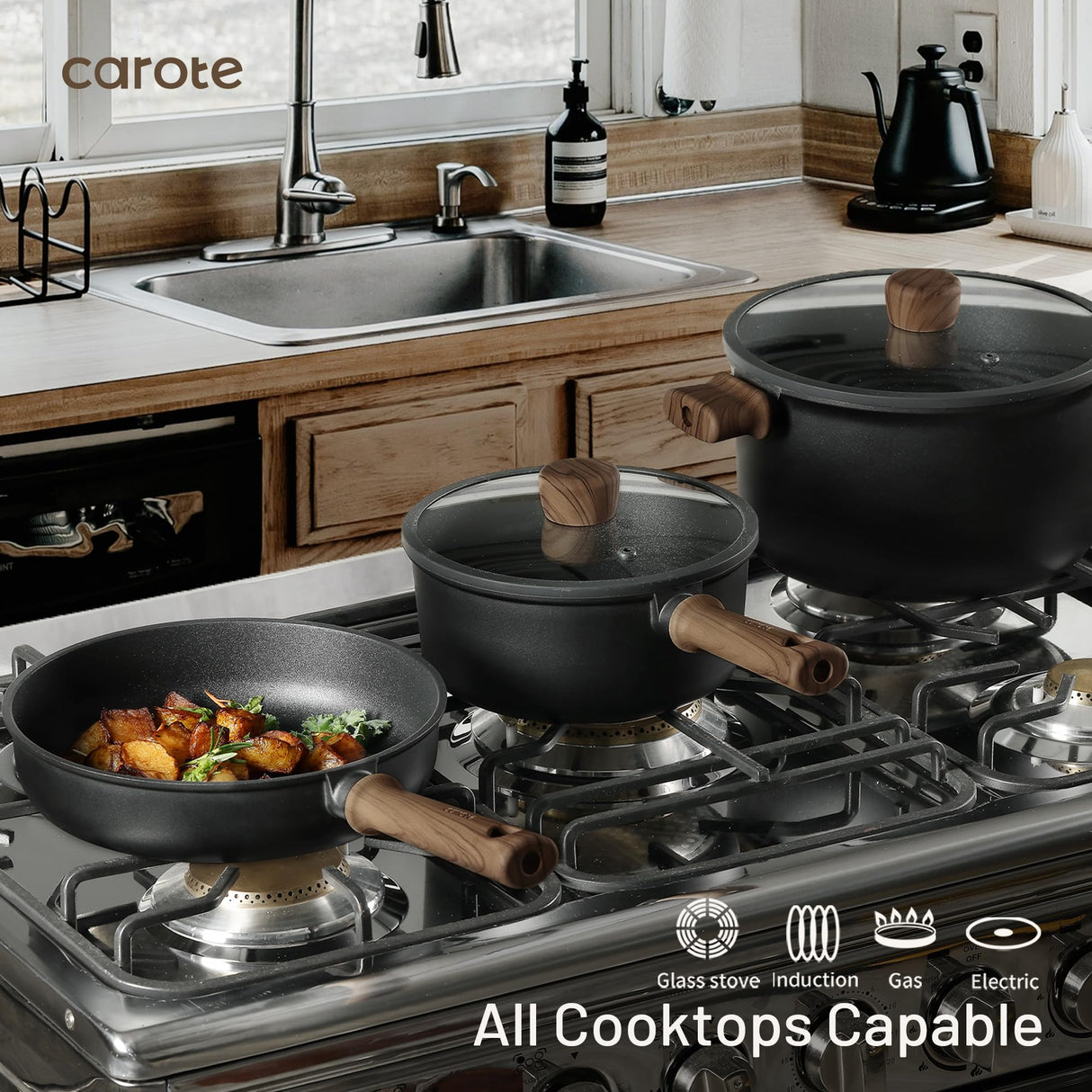 CAROTE Nonstick Pots and Pans,Cookware Set 16pcs Kitchen Cooking Sets, Pot and Pan Non Stick w/Frying pan CAROTE