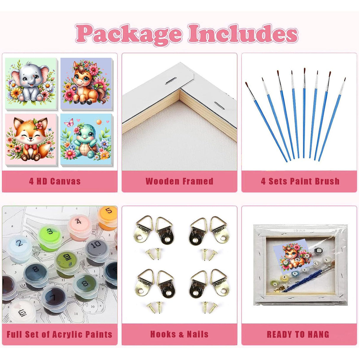 4 Pack Animal Paint by Number for Kids with Wooden Frame, Paint by Numbers for Kids Animals Ages 4-8-12, Easy Elephant Fox Sea Turtle Horse DIY Acrylic Oil Painting Kits for Home Wall Decor (8X8 inch) xackcme