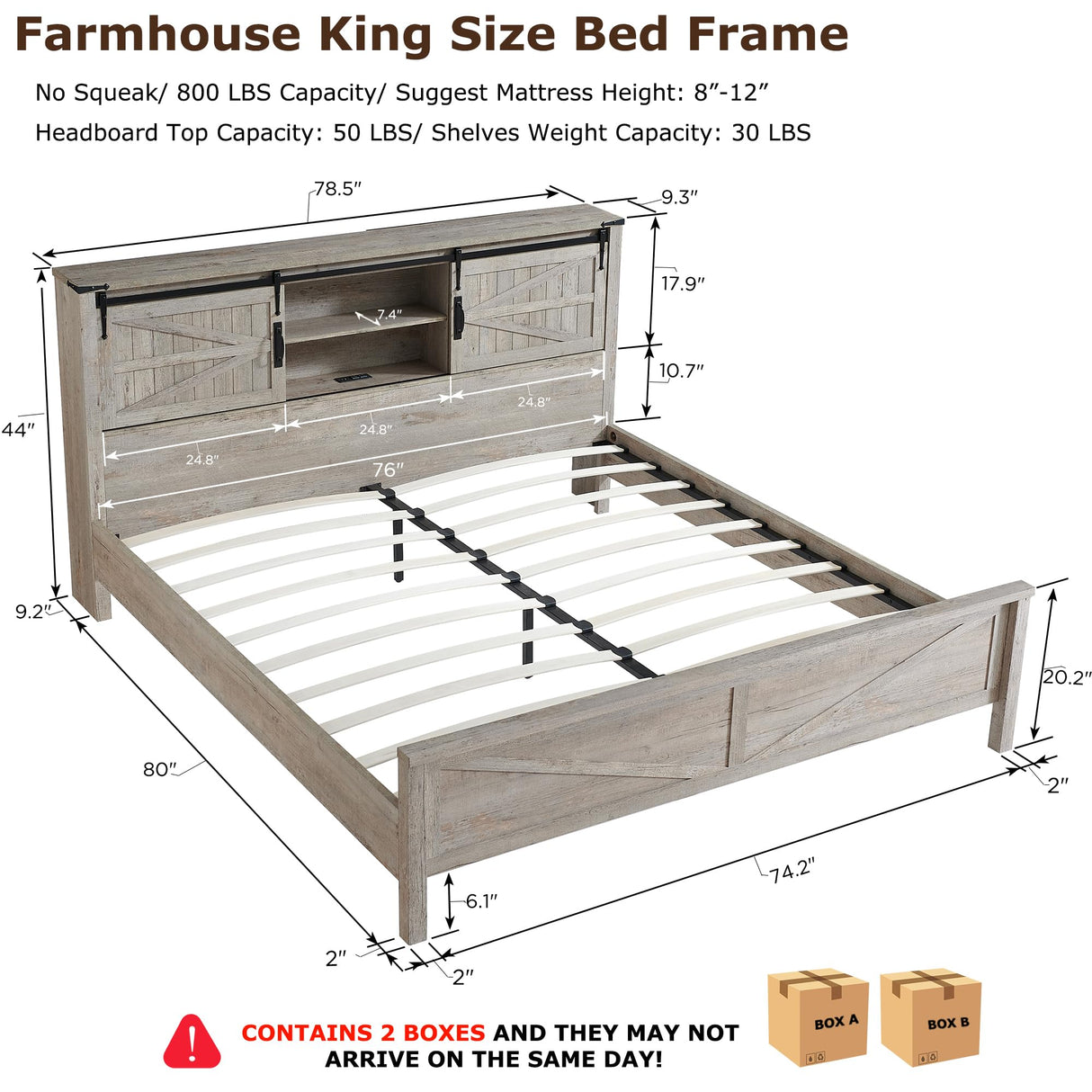 Rustic Oak King Size Bed Frame with Bookcase Headboard and Hidden Storage T4TREAM