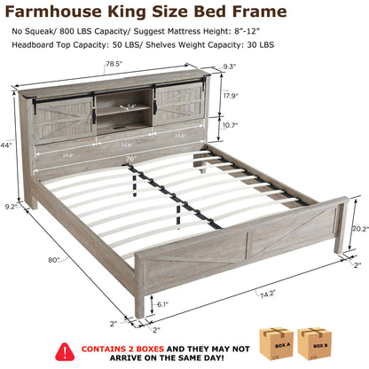 Rustic Oak King Size Bed Frame with Bookcase Headboard and Hidden Storage - WoodArtSupply