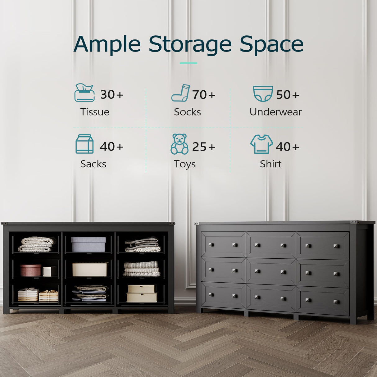 Dresser for Bedroom with 9 Drawers, Farmhouse Wood Chest of Drawers, Wide TV Stand Closet Storage Furniture with Metal Handle, Modern Clothes Organizer for Hallway, Living Room, Entryway, Black Xixini