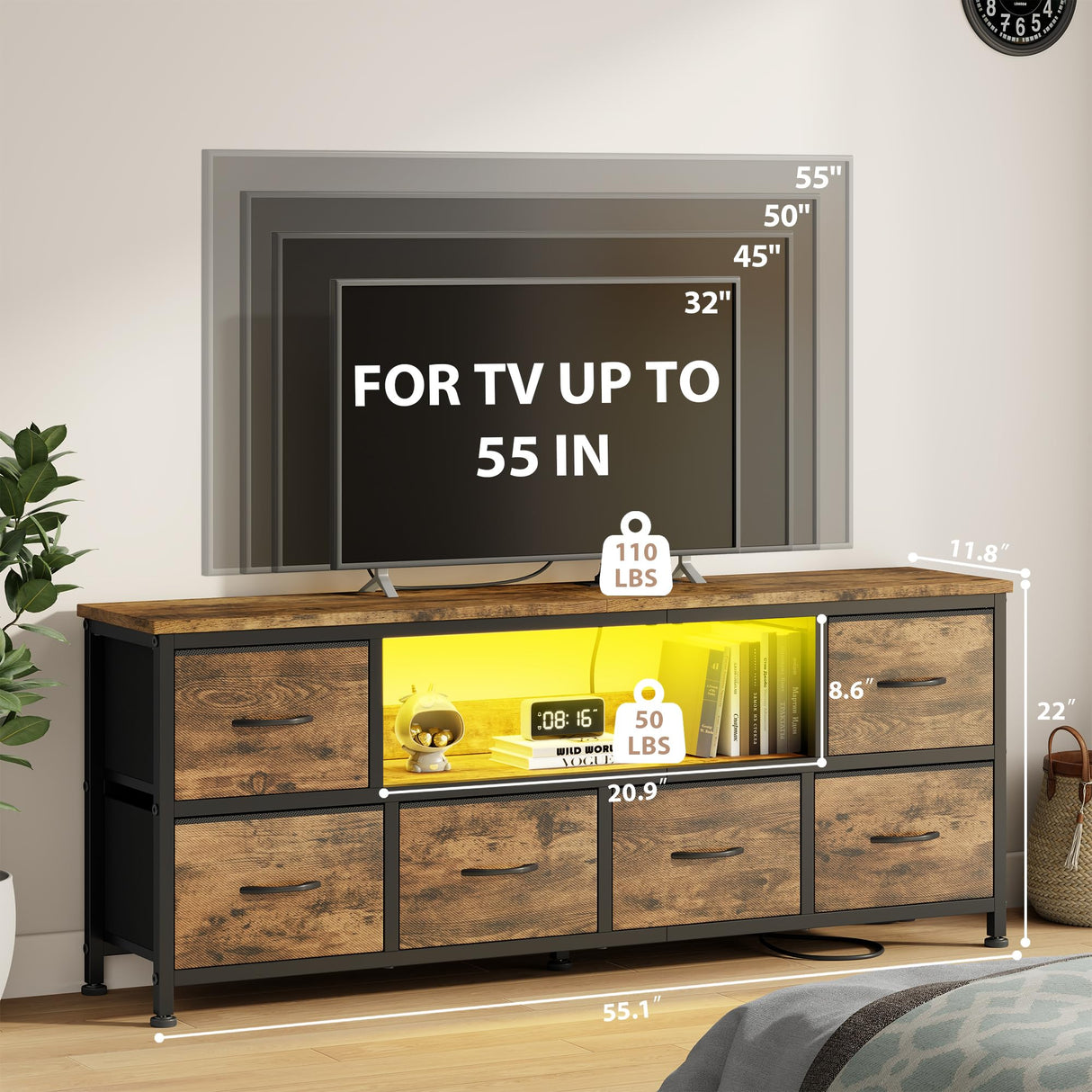 Lulive TV Stand for Bedroom, LED Rustic Brown Dresser for Living Room with 6 Fabric Drawers, 43 55in TV Stand with Power Outlet, Entertainment Center with Open Shelf Lulive