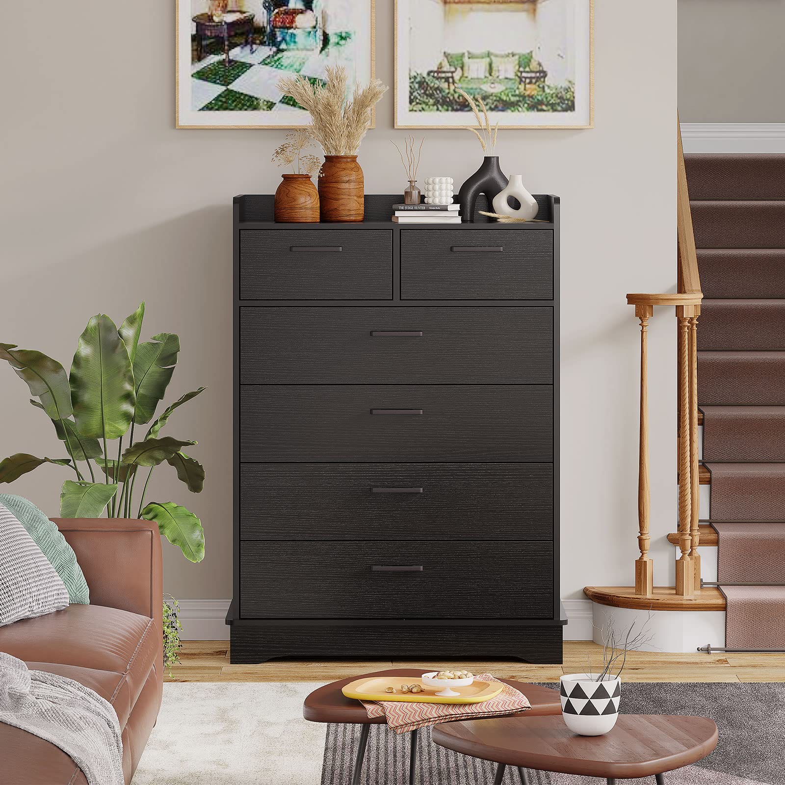 Hasuit Black 6 Drawer Dresser, Wooden Storage Chest of 6 Drawers, Vertical Large Capacity Clothing Storage Organizer, Tall Dressers for Bedroom, Hallway, Entryway - WoodArtSupply