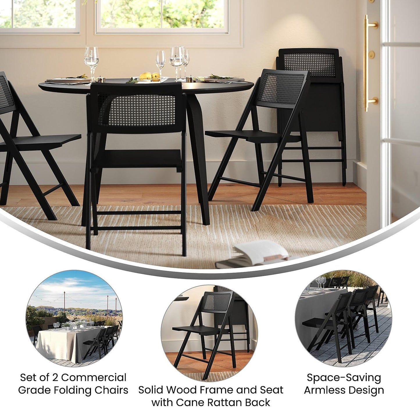 Flash Furniture Galene Set of 2 Cane Rattan Folding Chairs with Solid Wood Frame Ventilated Back, Perfect for Events or Additional Seating, Black