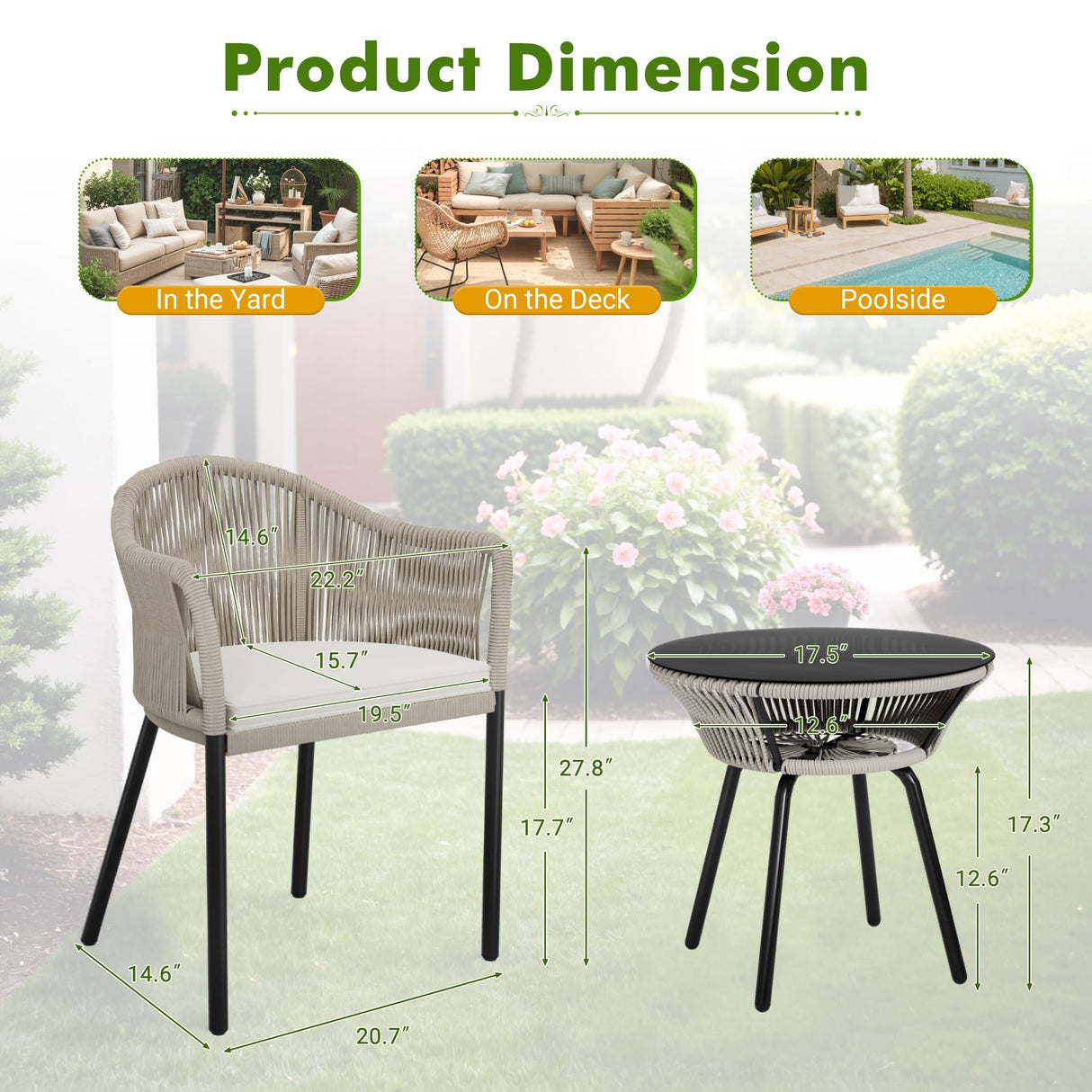 Greesum Rope Woven Patio Furniture 3-Piece Outdoor Wicker Bistro Set for Backyard Porch with Thick Cushions & Glass Table, Gray Greesum