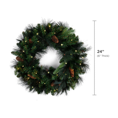 Papyrus 24" Pre-Lit Carolina Pine Artificial Wreath, Pine Cones, Warm White Light, Battery Powered, Indoor/Outdoor