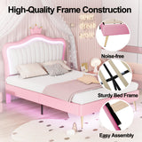 Linique Full Size Upholstered Bed Frame with LED Lights, Modern Upholstered Princess Bed with Crown Headboard, White+Pink Linique