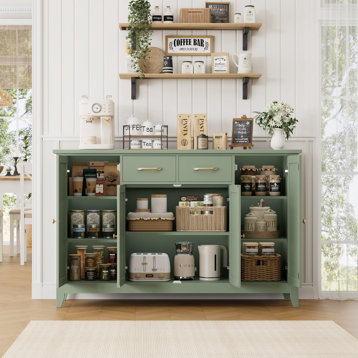 HORSTORS 55" Buffet Cabinet with Storage, Kitchen Buffet Sideboard with Drawers, Large Storage Cabinet with Doors and Shelves, Modern Farmhouse Coffee Bar for Kitchen, Dining Room, Living Room, Green HORSTORS