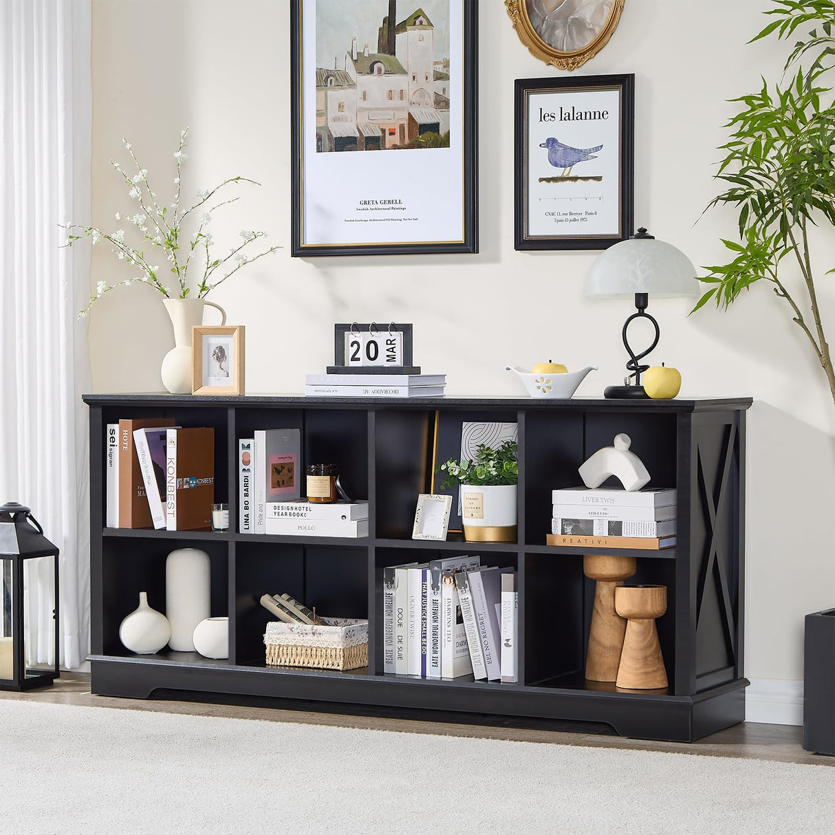 Book Shelf, 8 Cubes Farmhouse Wood Long Storage Organizer Bookcase, 3-Tier Open Shelf Wooden Bookcase, Cube Organizer with Storage, Display Cabinet Organizer for Bedroom, Home and Office, Black NONGSHIM