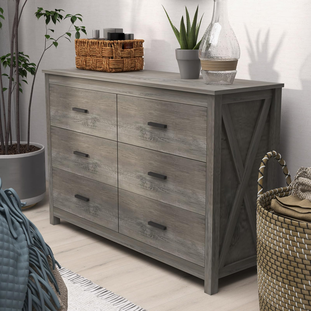 Vikiullf 6 Drawer Dresser - Farmhouse Dressers for Bedroom, Wooden Double Dresser, Storage Dressers Organizer for Bedroom, Living Room, Hallway, Entryway, Horizontal Dresser, Grey Vikiullf