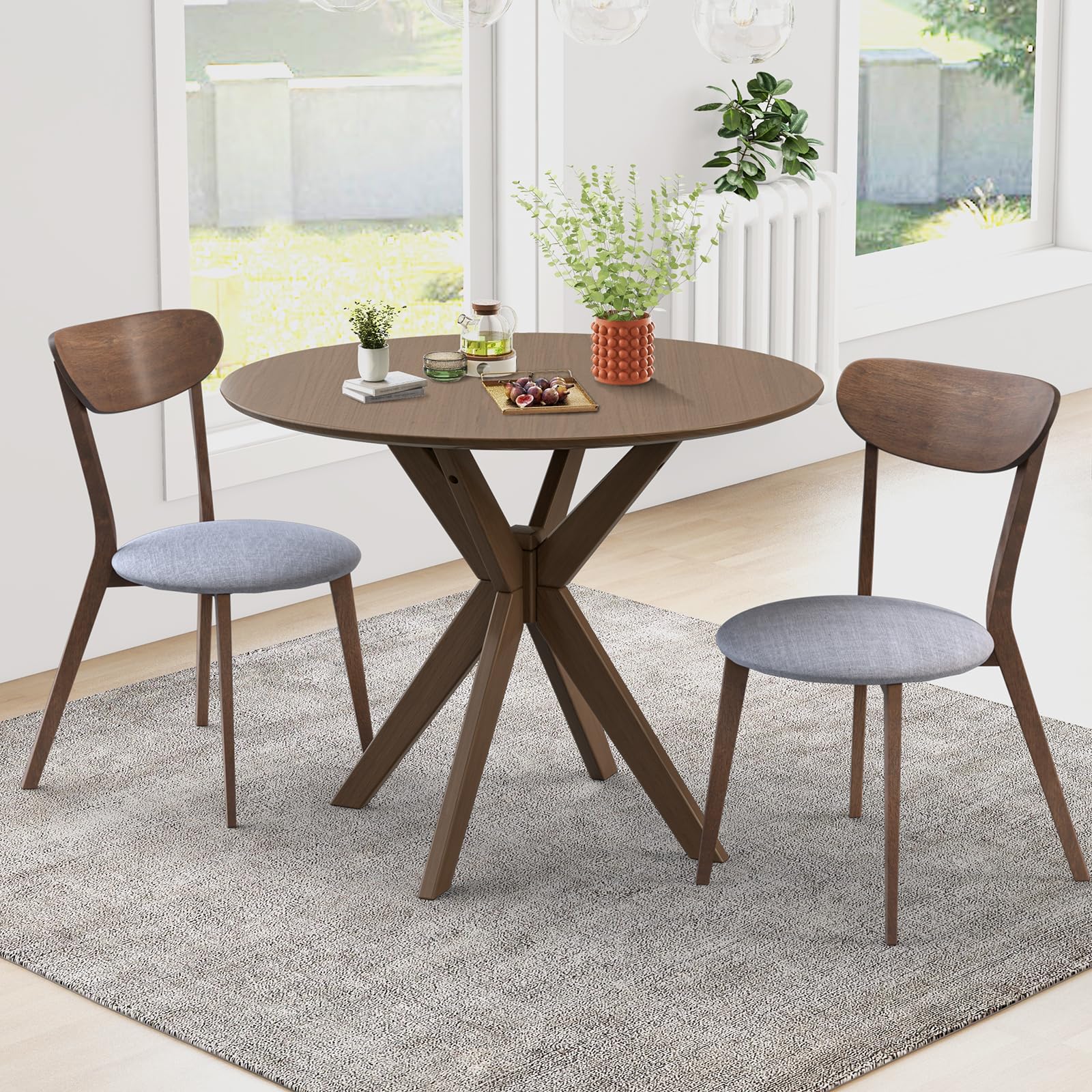 Tangkula 3-Piece Dining Table and Chair Set, Round Wooden Dining Set with Cushioned Chairs, Mid-Century Farmhouse Table and Chair Set for Kitchen and Living Room - WoodArtSupply