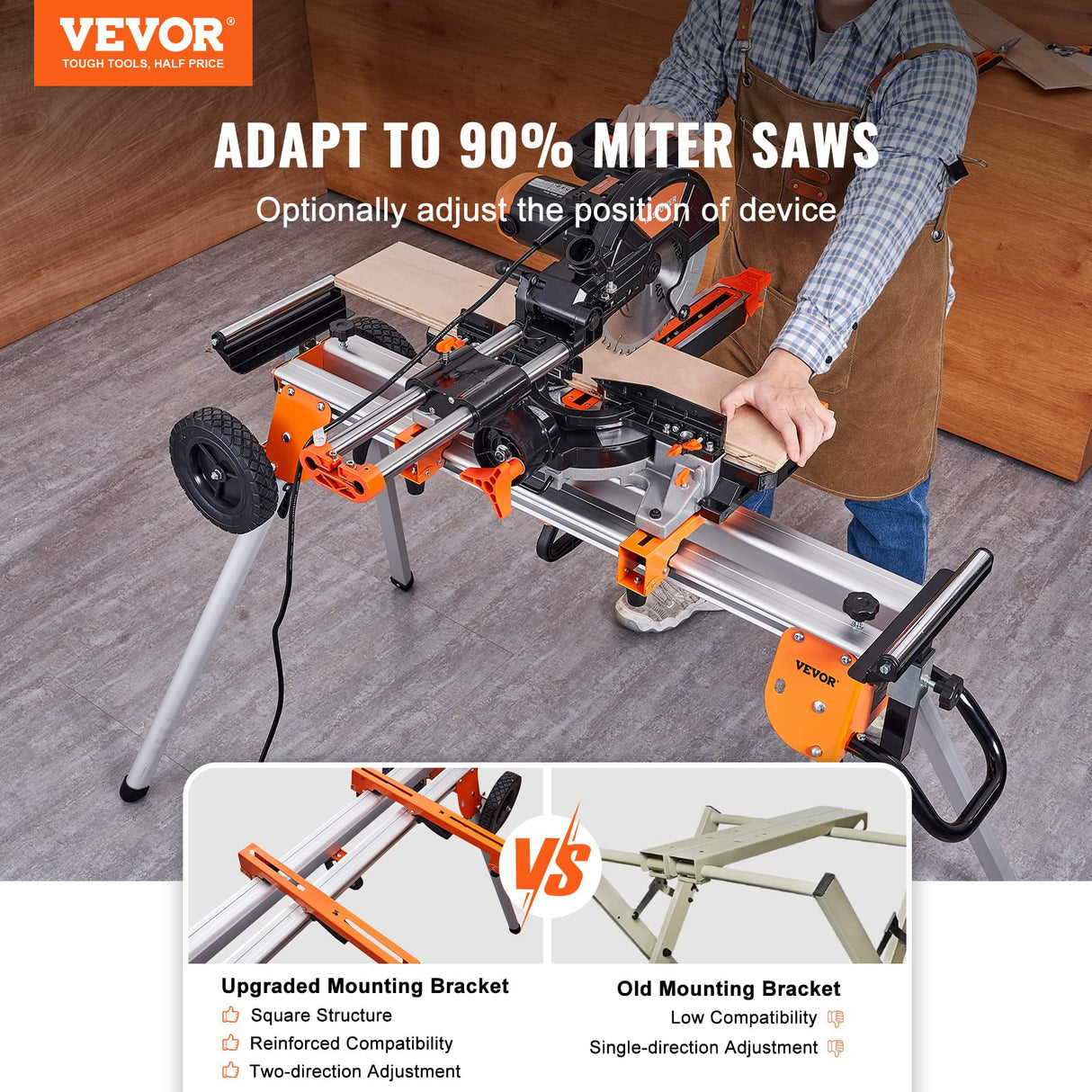 VEVOR Miter Saw Stand, 100in Collapsible Rolling Miter Saw Stand with One-piece Mounting Brackets Clamps Rollers, Heavy Duty Folding Miter Saw Stand with Sliding Rail, 500lbs Load Capacity VEVOR