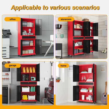 Metal Storage Cabine，73" Tall Garage Storage Cabinet，with 2 Tier Shelves and Locking Rolling Tool Storage Cabinet，for Garage Home，Kitchen，Office，Utility Room，Warehouse (Red Black, 73"H -Wheels)