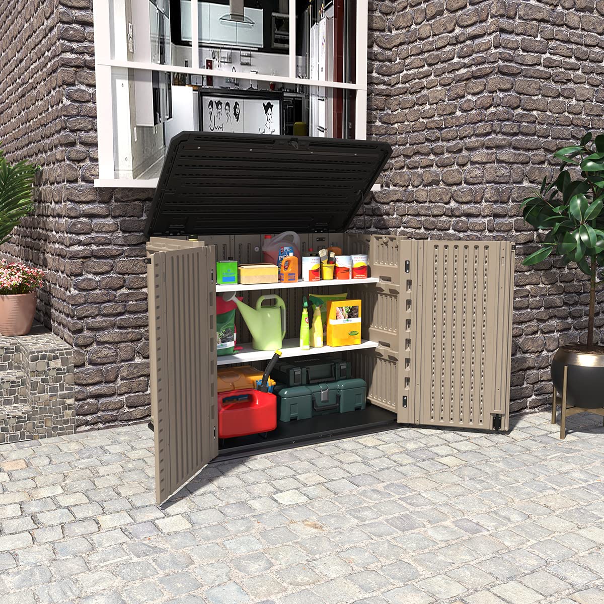 KINYING Outdoor Storage Shed - Horizontal Storage Box Waterproof for Garden, Patios, Backyards, Multi-Opening Door for Easy Storage of Garbage Cans, Tools, Lawn Mower, 26 Cubic Feet,Brown KINYING