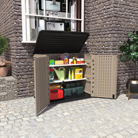 KINYING Outdoor Storage Shed - Horizontal Storage Box Waterproof for Garden, Patios, Backyards, Multi-Opening Door for Easy Storage of Garbage Cans, Tools, Lawn Mower, 26 Cubic Feet,Brown KINYING