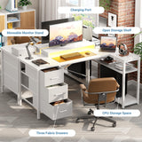 Aheaplus 53 Inch Gaming Desk with Power Outlets & LED Lights, Reversible L Shaped Computer Desk with 3 Drawers & Monitor Stand, Home Office Desk Corner Gamer Desk with Storage Shelves, White Aheaplus