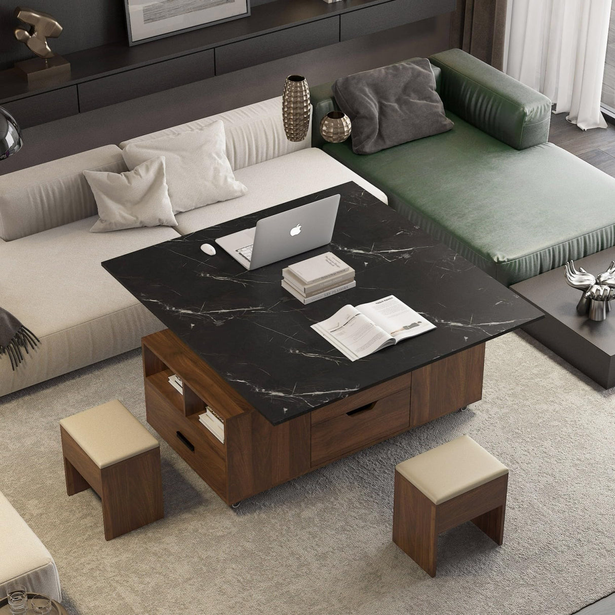 KEIKI Expandable Desktop Lift Top Nesting Coffee Table with 2 Stools, 1 Hidden Storage Space & Drawers, Wood Modern Rectangular Center Table for Living Room Furniture, Black & Walnut KEIKI