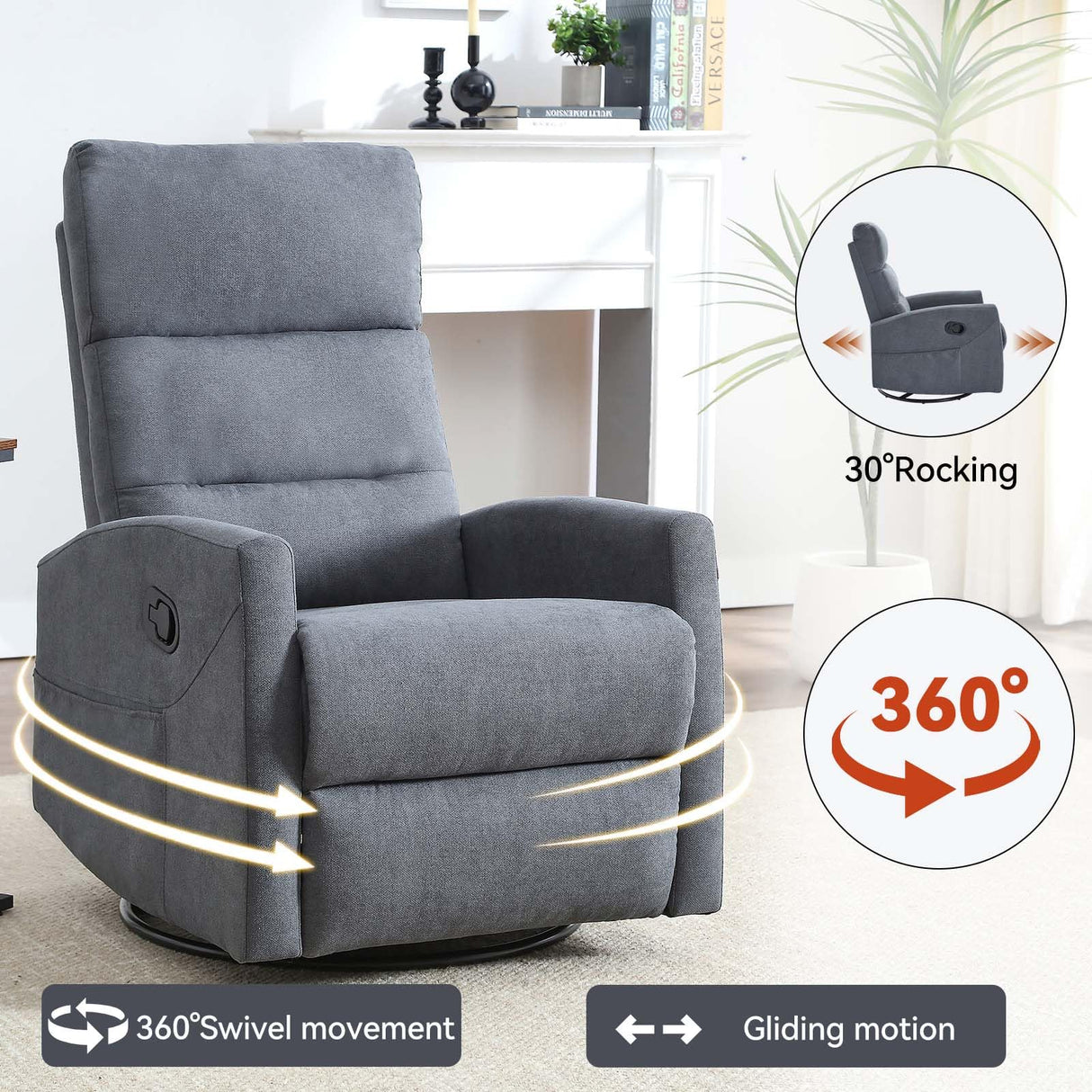 360° Swivel Rocker Recliner Chairs for Adults, Manual Nursery Glider Chair with Side Pockets and High Back, Small Lazy Boy Rocker Recliner for Small Spaces, Living Room, Bedroom (Drak Grey+Fabric) YskdhfczQ