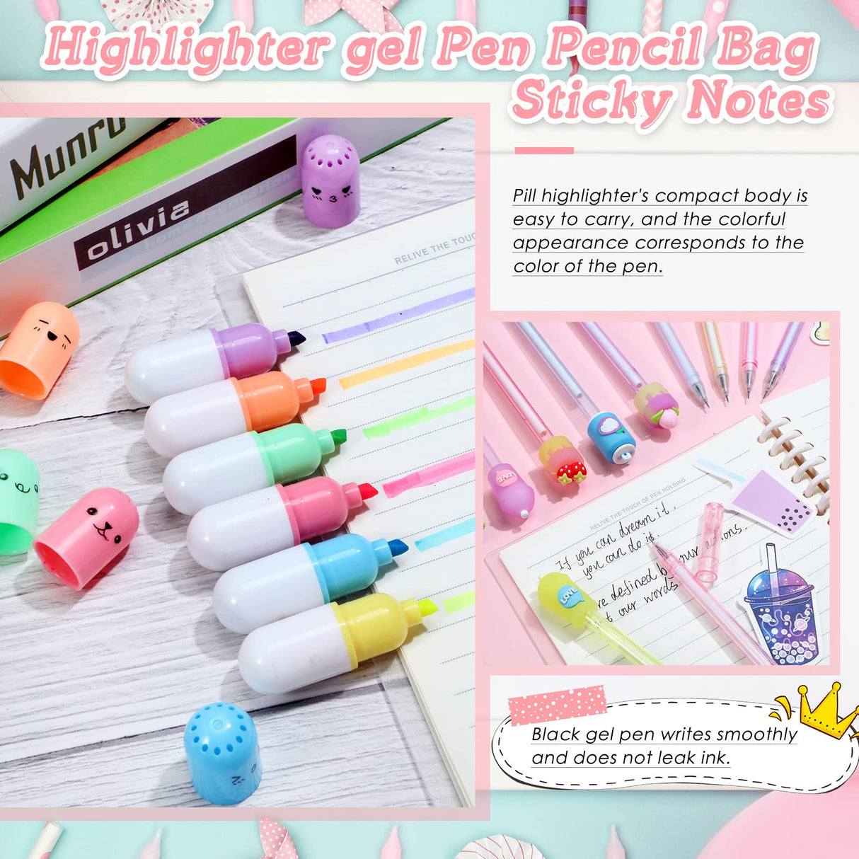 Sabary 228 Pcs Kawaii Stationary Set Include Telescopic Pencil Pouch Case Bag Gel Ink Pen Sticky Note Bubble Tea Sticker Pill Highlighter Stationary Cute School Supplies for Christmas(Vivid) Sabary