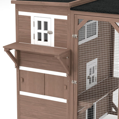 PawHut Outdoor Cat Catio, Large Wood Cat House Enclosure with Multi-Level Design, Weatherproof Roof, Big Hiding Areas, Multiple Platforms, Resting Box, Brown - WoodArtSupply