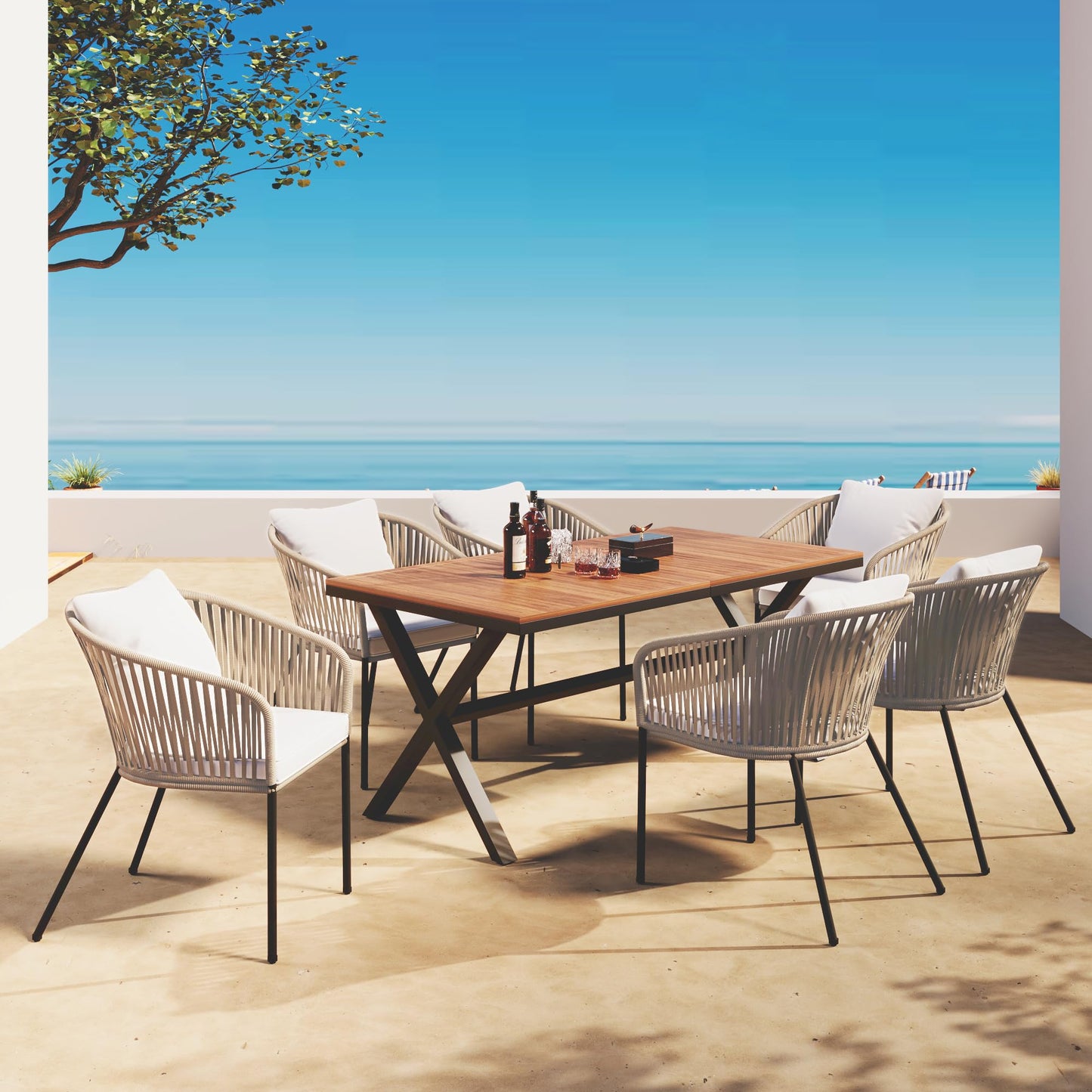 Modern 7 Pieces Patio Dining Set,Dining Table and Chairs, Acacia Wood Tabletop, Metal Frame,Outdoor Furniture Set for Garden, Backyard, Balcony (Beige/Rope1)