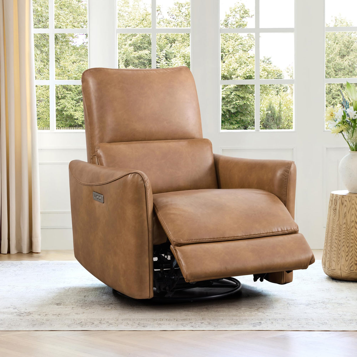 CHITA Power Recliner Chair Swivel Glider, FSC Certified Upholstered Faux Leather Living Room Nursery Reclining Sofa Chair with Lumbar Support, Cognac Brown CHITA