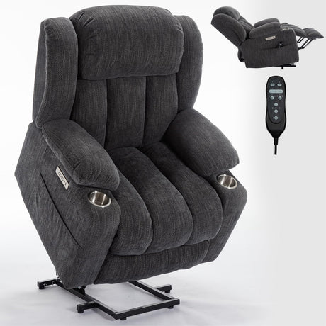 RHHVVR Power Lift Recliner Chair, 350lb Capacity with 8-Point Massage & Heating, USB/Type-C Ports & Cup Holders, Heavy Duty Chenille Recliner for Elderly, Grey RHHVVR