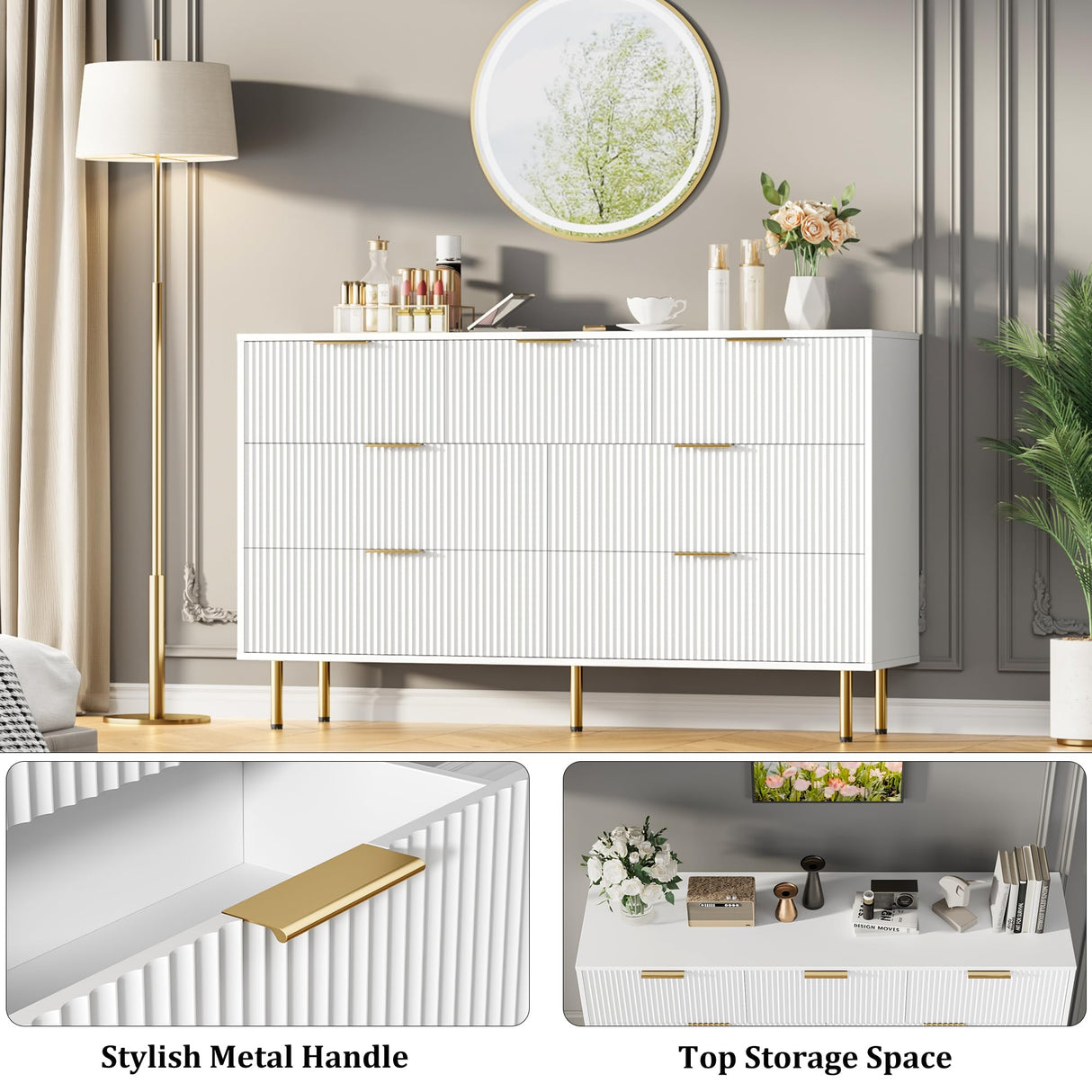 GarveeHome Fluted Wood Dresser 7 Drawers Dresser for Bedroom, Large Modern White Dresser with Gold Handle, Wood Drawer Organizer for Bedroom, Living Room, Hallway, Entryway GarveeHome