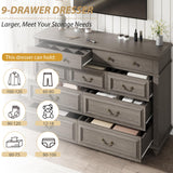 Jocoevol Farmhouse Dresser for Bedroom 9 Drawer Dresser with Deep Drawers, Tall Grey Big Large Wooden Chest of Drawers for Living Room, Hallway, Entryway (Grey, 9 Drawer) Jocoevol