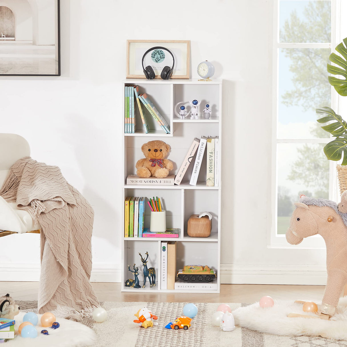 VECELO 42" Modern White Bookshelf, 7 Cube Organizer Bookcase,Fits Tallest Hardcovers, Horizontal Available,Floor Standing Display,Easy Assembly, Pearl White VECELO