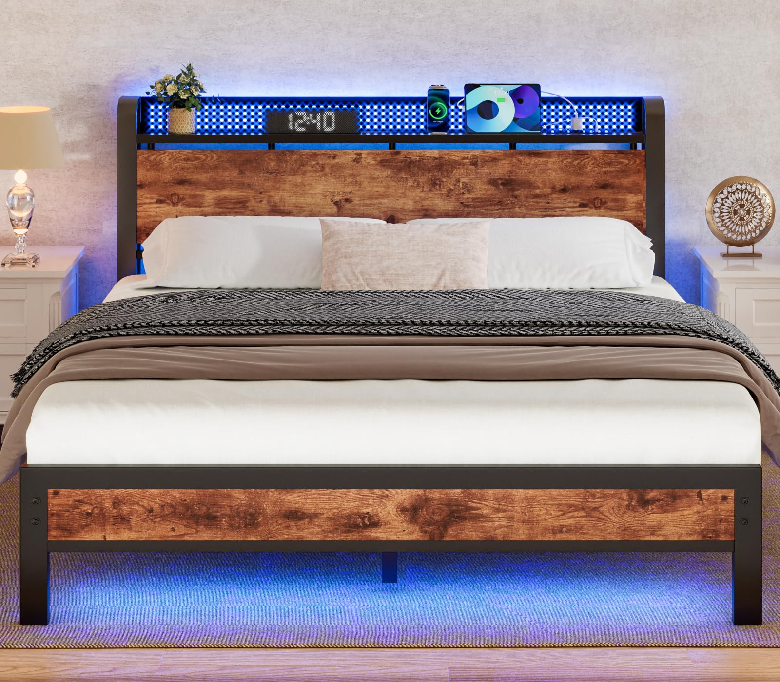 Furnulem King Size Bed Frame with LED Lighting and Storage Headboard - WoodArtSupply